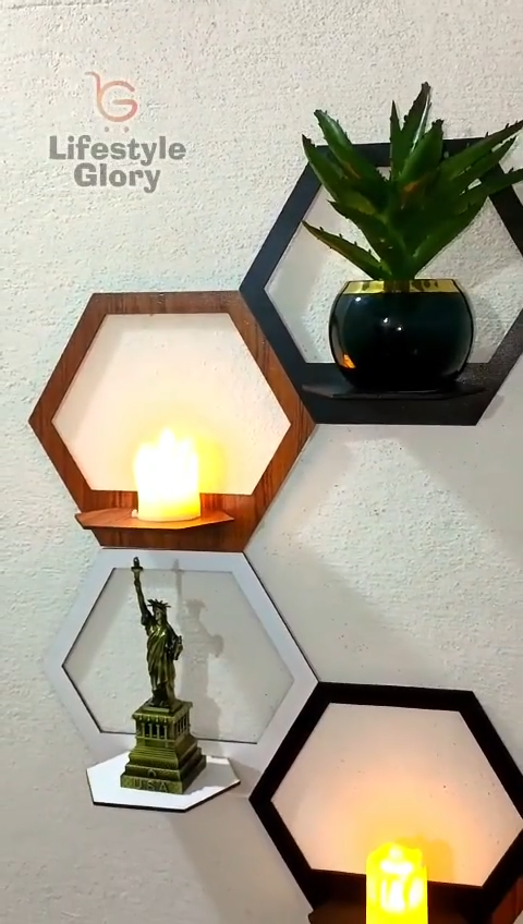 EVENTO Hexagon Shape 3D Wooden Wall Shelf | Wall Shelves for Home Decor