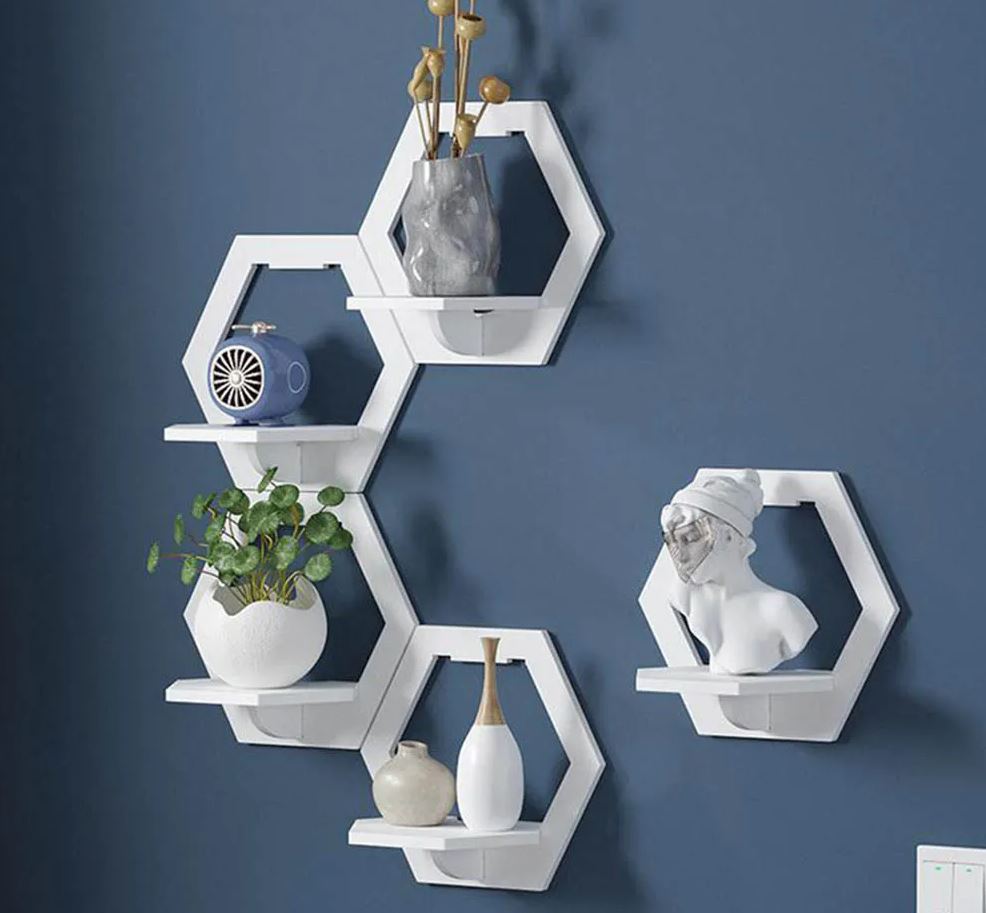 EVENTO Hexagon Shape 3D Wooden Wall Shelf | Wall Shelves for Home Decor