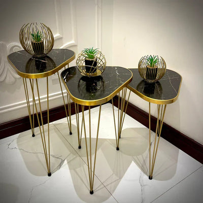 TRIANGLE TABLES (3 PC SET) BLACK MARBLE TOP - FREE 3 PC FLOWER VASES